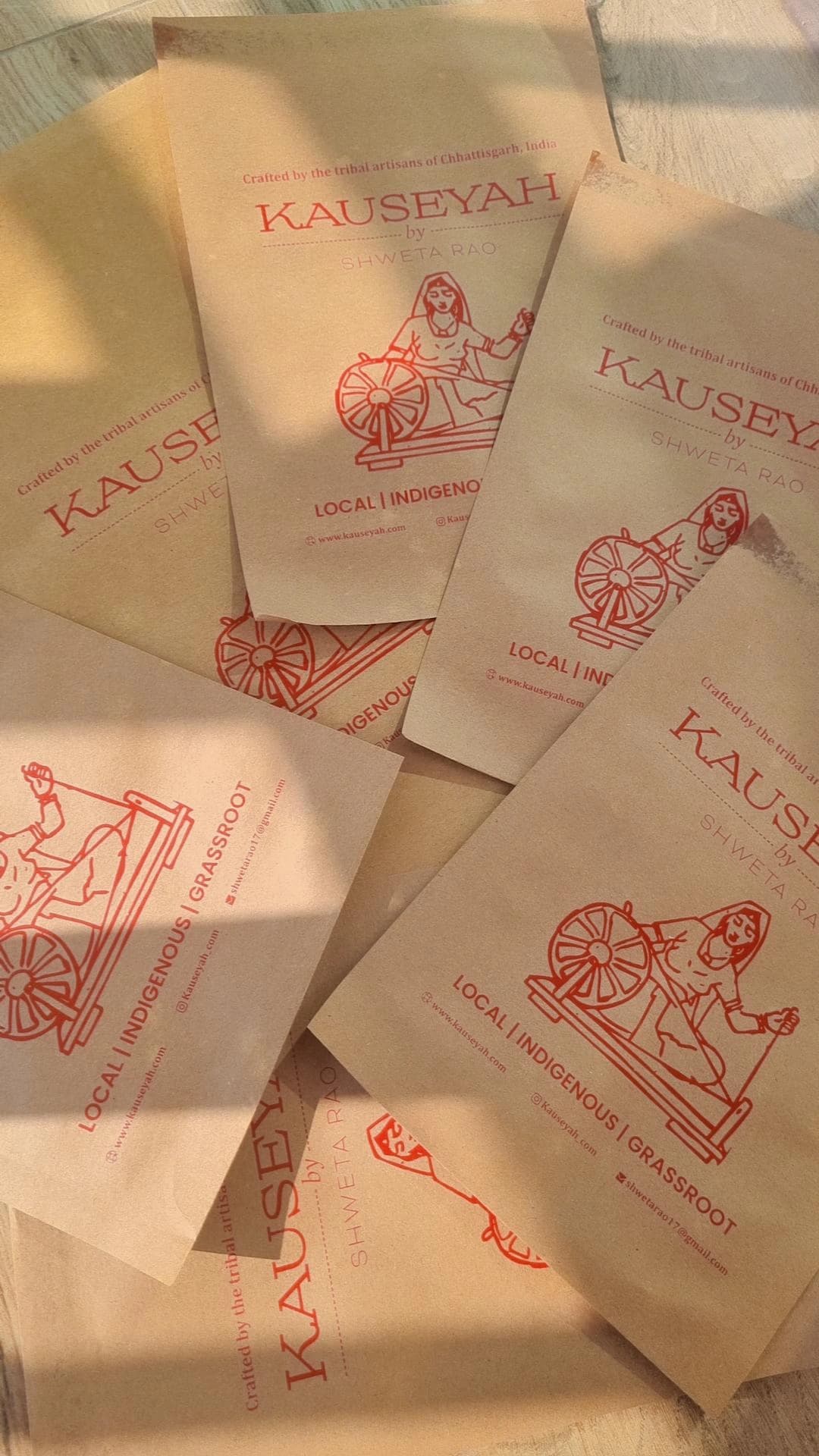 Stack of Kauseyah kraft paper brand pouches
