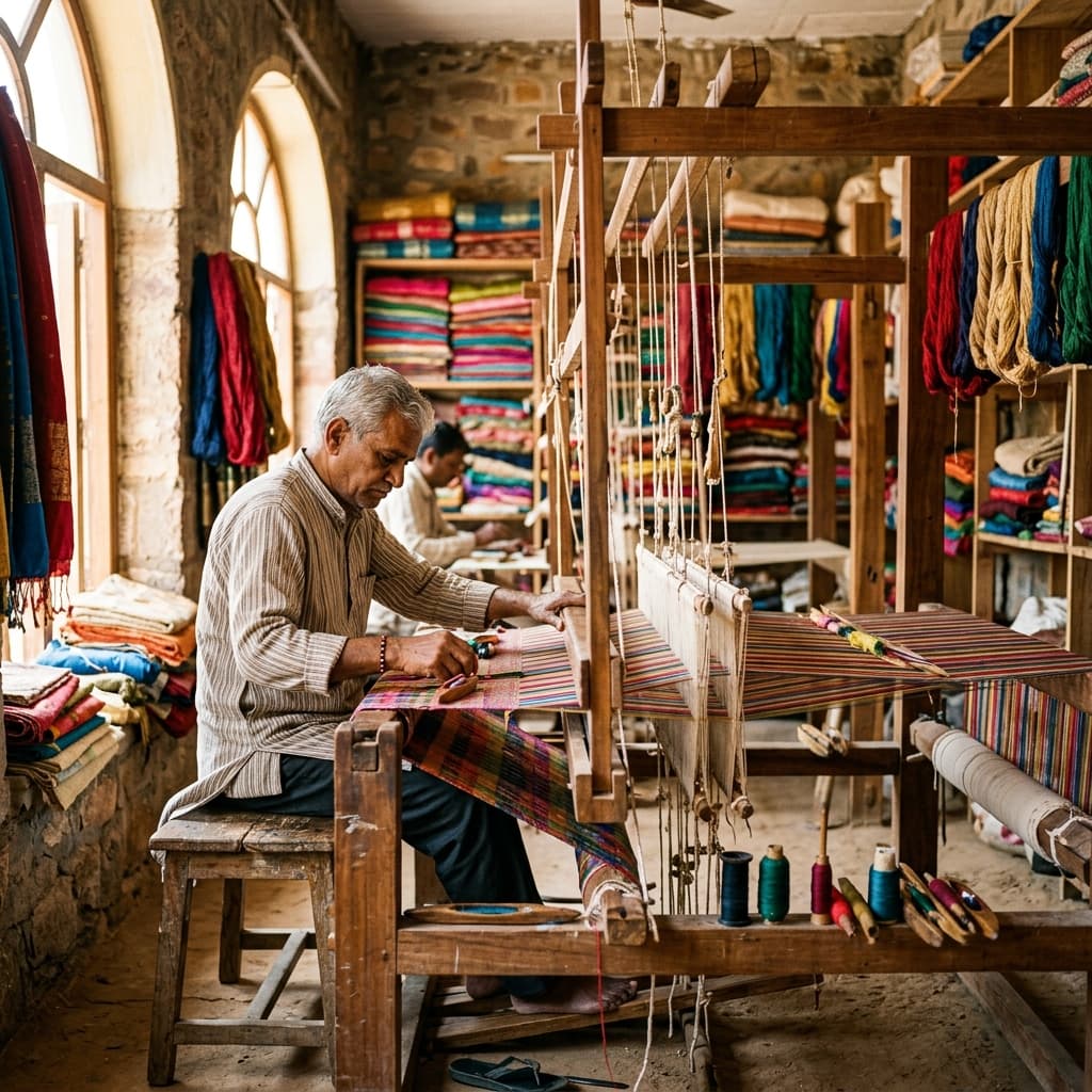 Artisan weaving at the handloom in Chhattisgarh workshop
