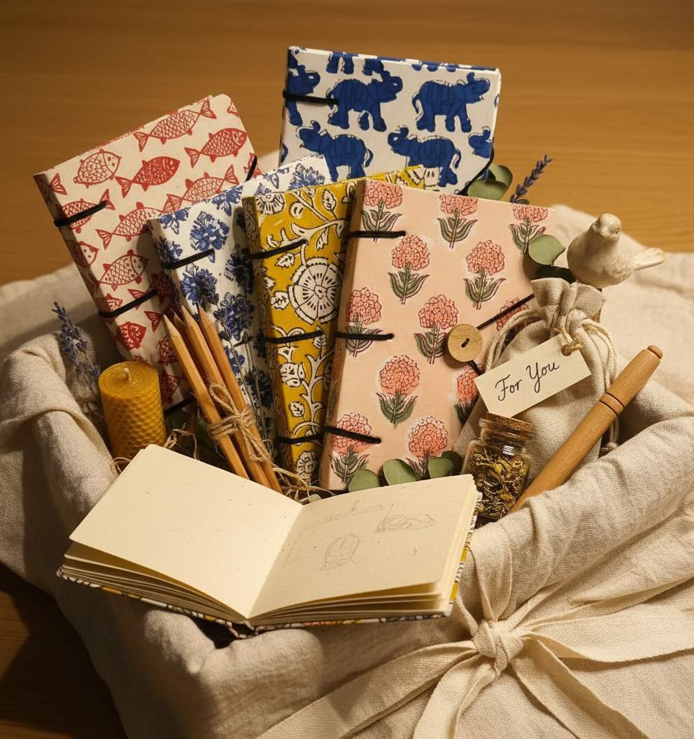 Handmade block-print journal gift set in a fabric basket