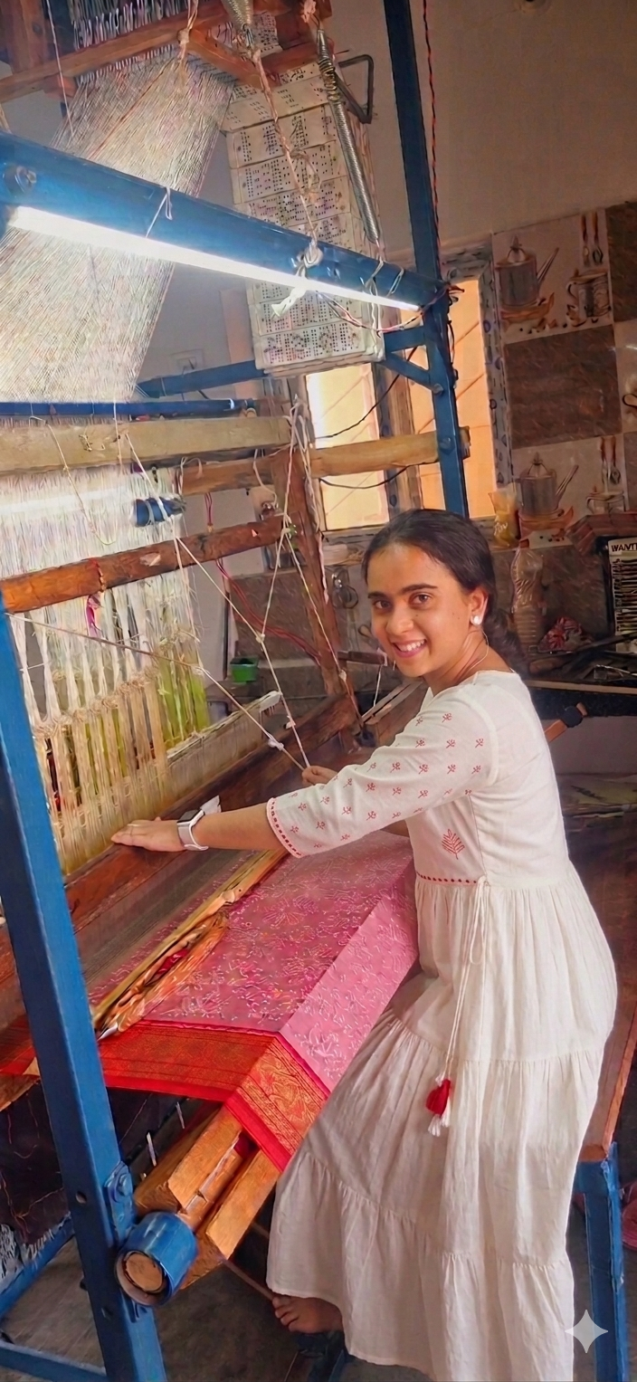Artisan weaving a pink and red patola-style saree on a large handloom