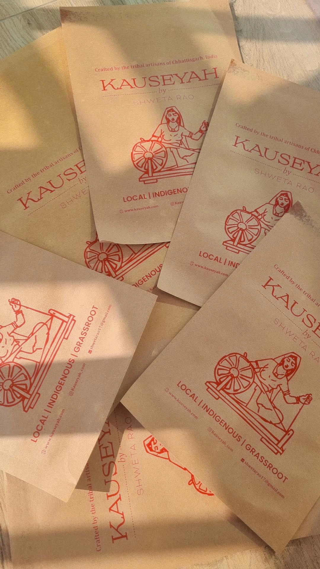 Stack of Kauseyah kraft paper brand pouches